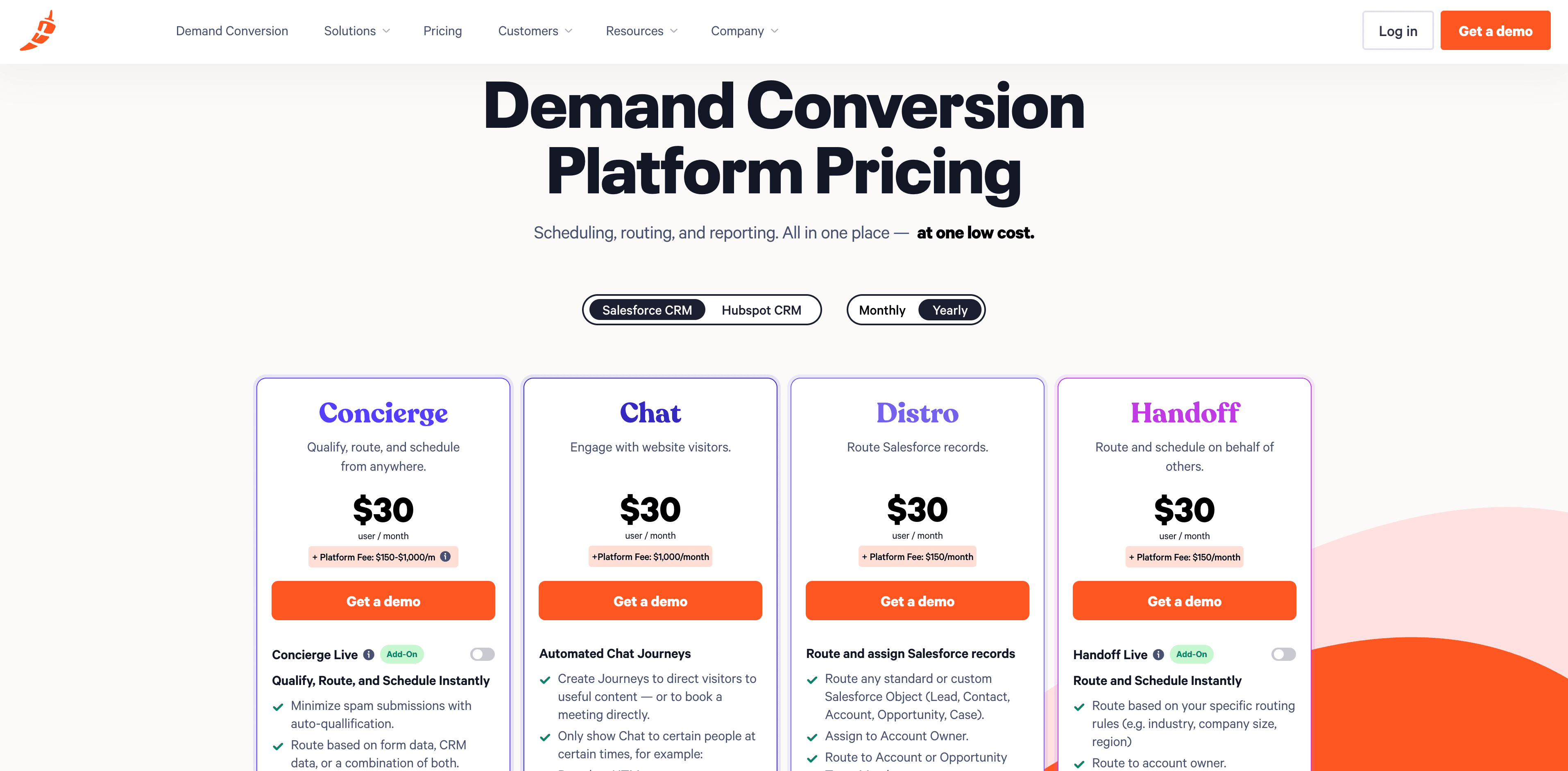 Pricing options for a demand conversion platform, featuring four plans at $30/user/month with various functionalities.