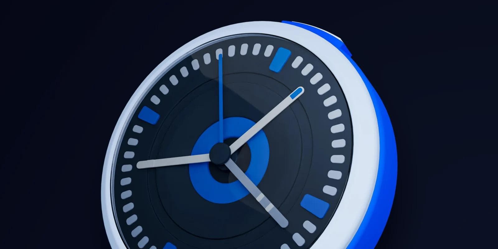 Stylized watch face featuring blue accents and three hands against a black background.