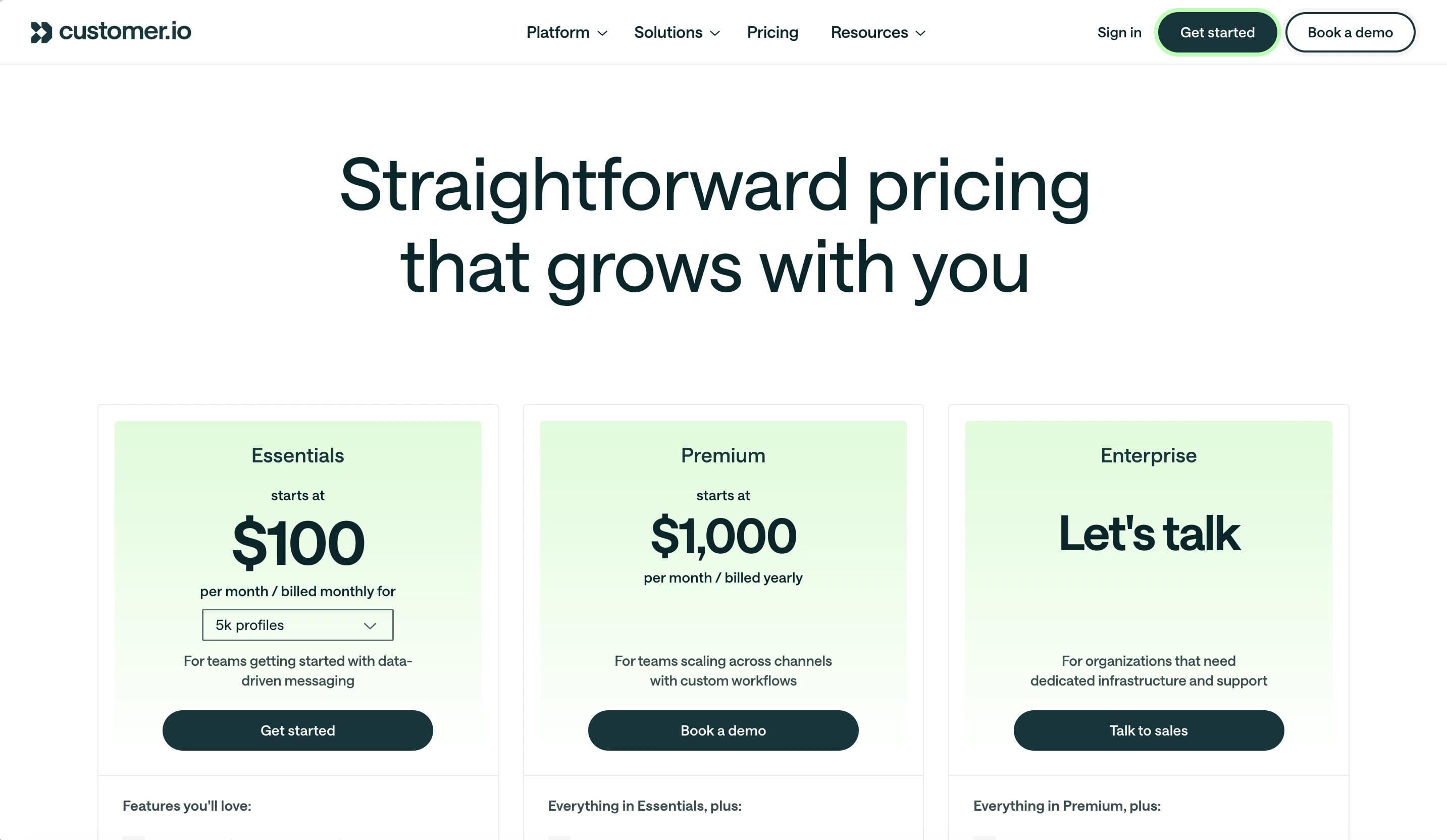 Customer.io pricing page