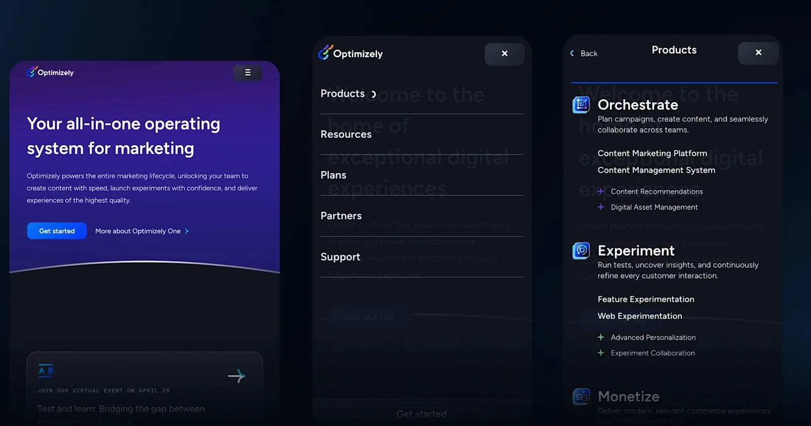 Optimizely Mobile Menu Screenshot of Optimizely's marketing platform interface highlighting features and navigation options.