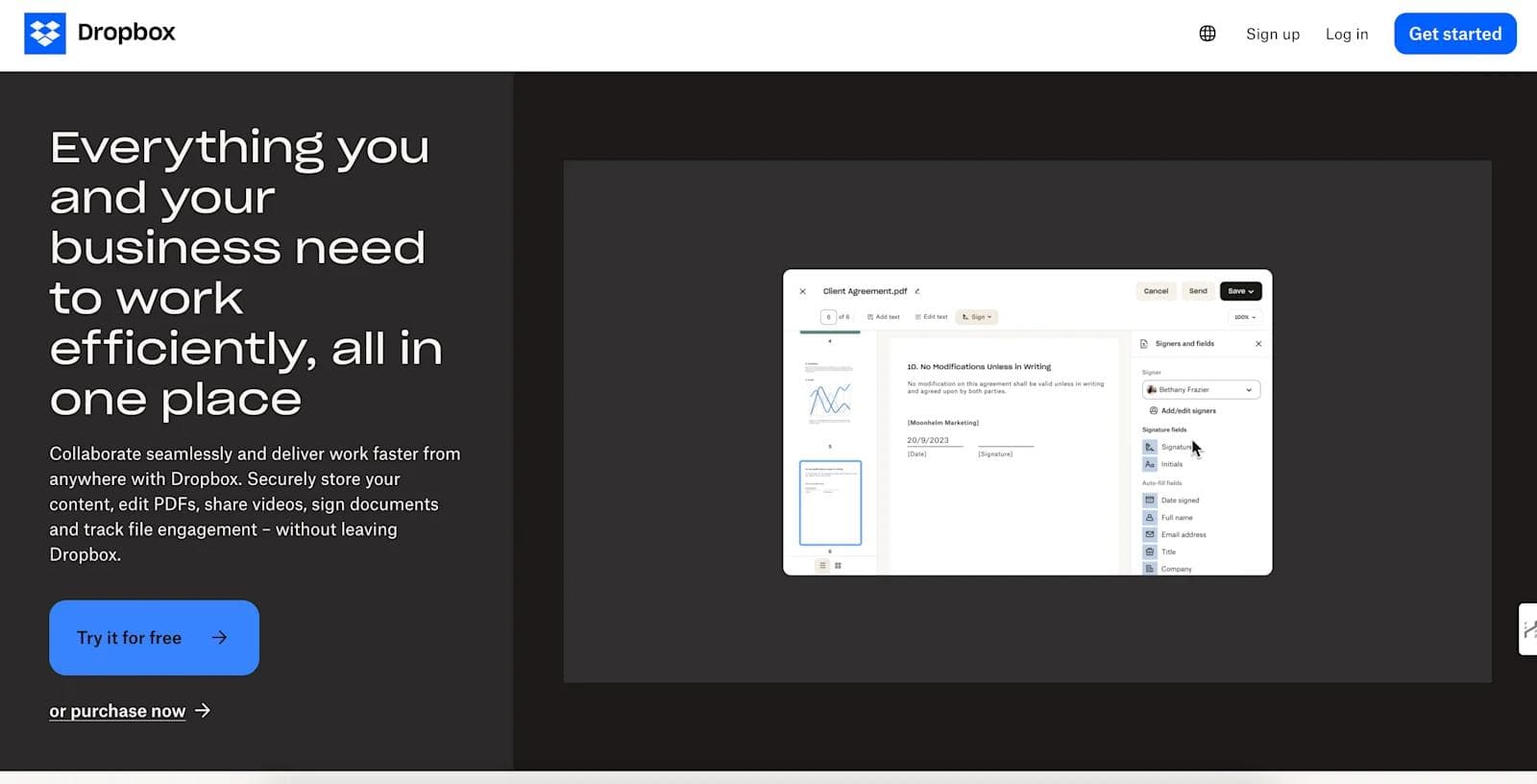 walmart-enterprise-website-performance Dropbox interface displaying a client agreement document for editing and signing.