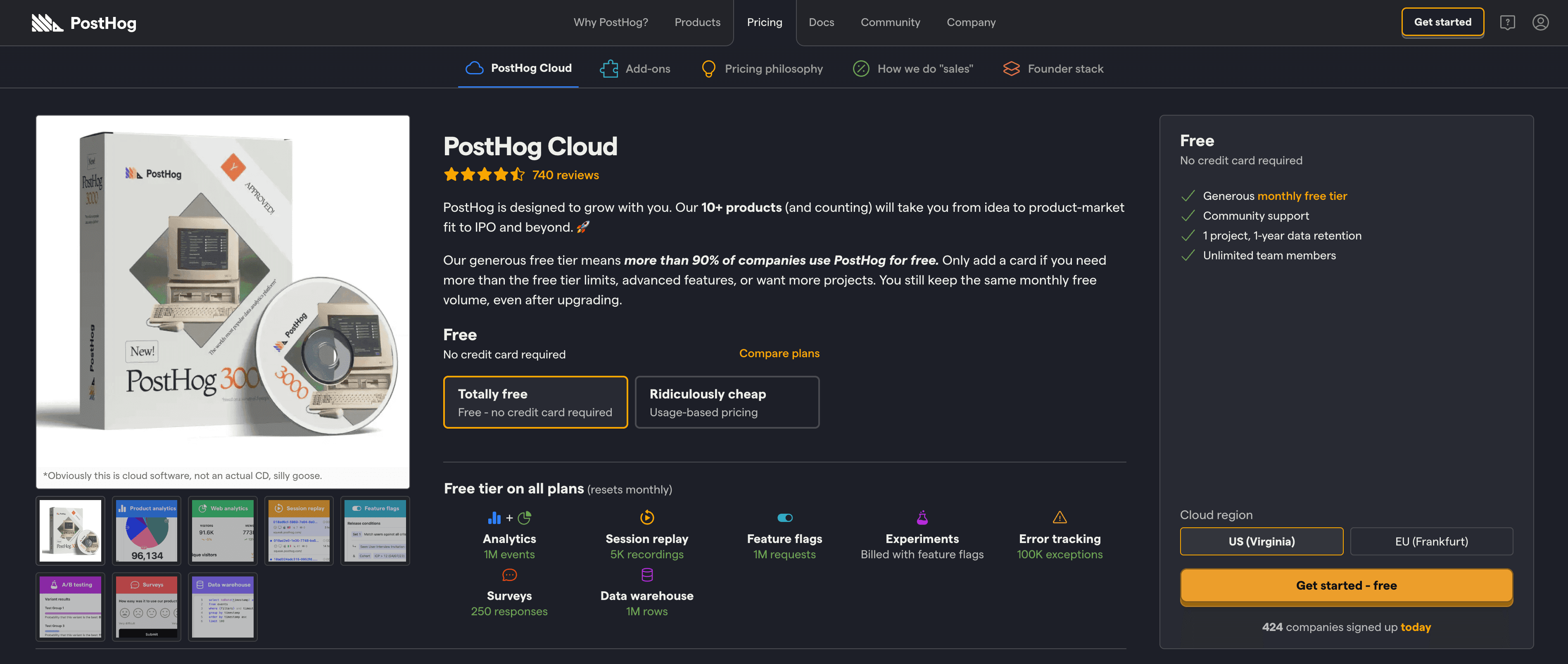 PostHog Cloud interface showcasing features, pricing, and a vintage computer graphic representing the service.