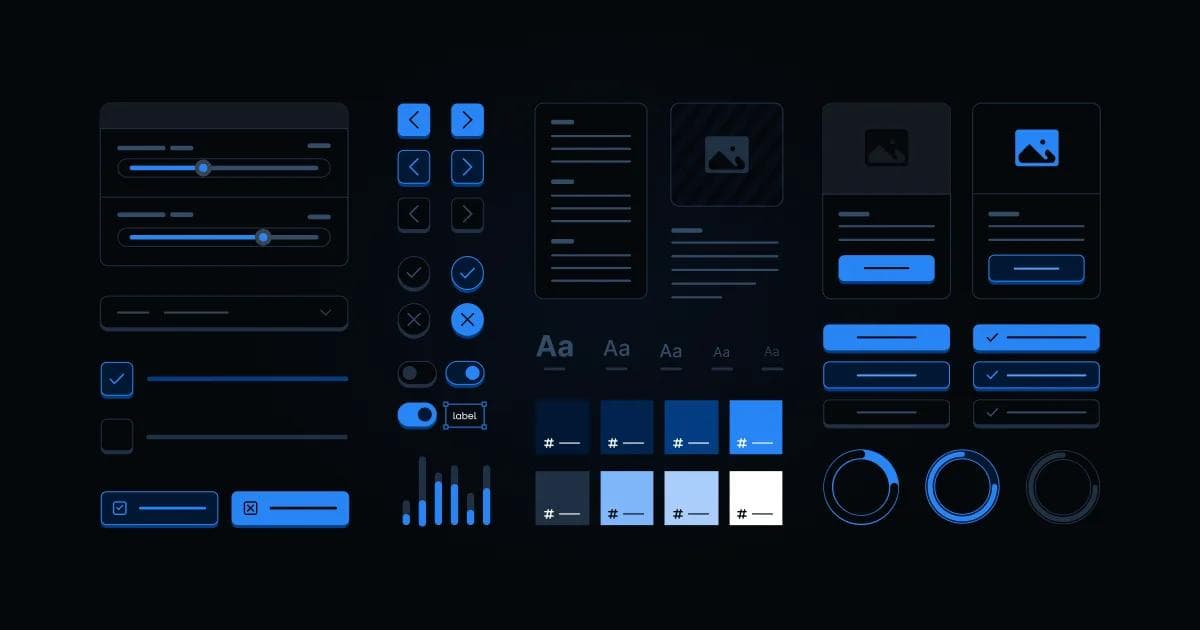 Blue-themed user interface components, including sliders, buttons, checkboxes, and text elements on a dark background.