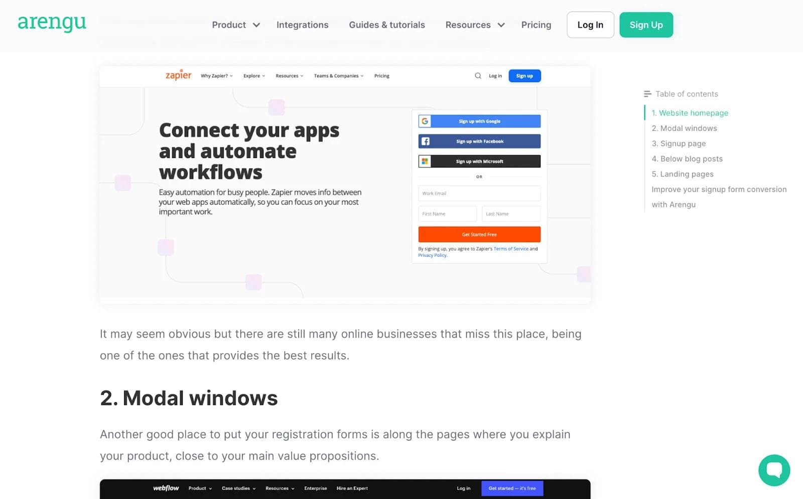 arengu-toc Screenshot of a web page promoting Zapier's app integration and automation features, with a signup section visible.
