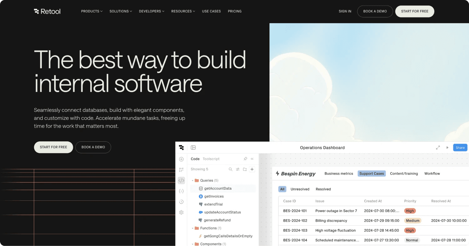 retool homepage Retool website showcasing internal software building tools and an operations dashboard with support case details.