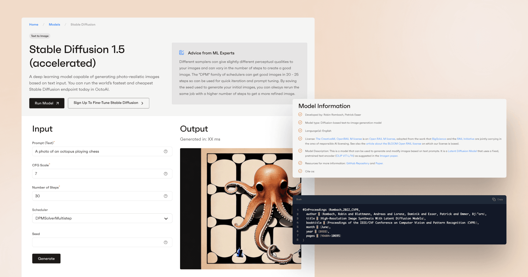 Interface displaying Stable Diffusion 1.5 model for generating images from text prompts, including input and output sections.