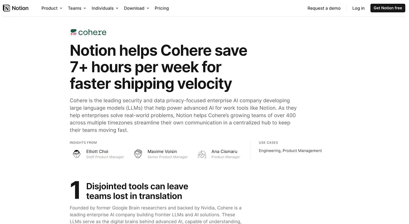notion case study Notion helps Cohere increase shipping efficiency, saving over 7 hours weekly for large AI enterprise teams.