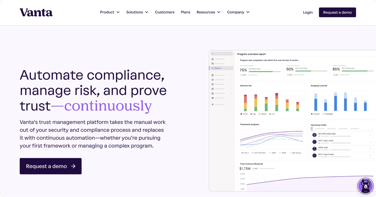 vanta homepage Vanta's platform for automating compliance and risk management, showcasing reports and metrics on performance.