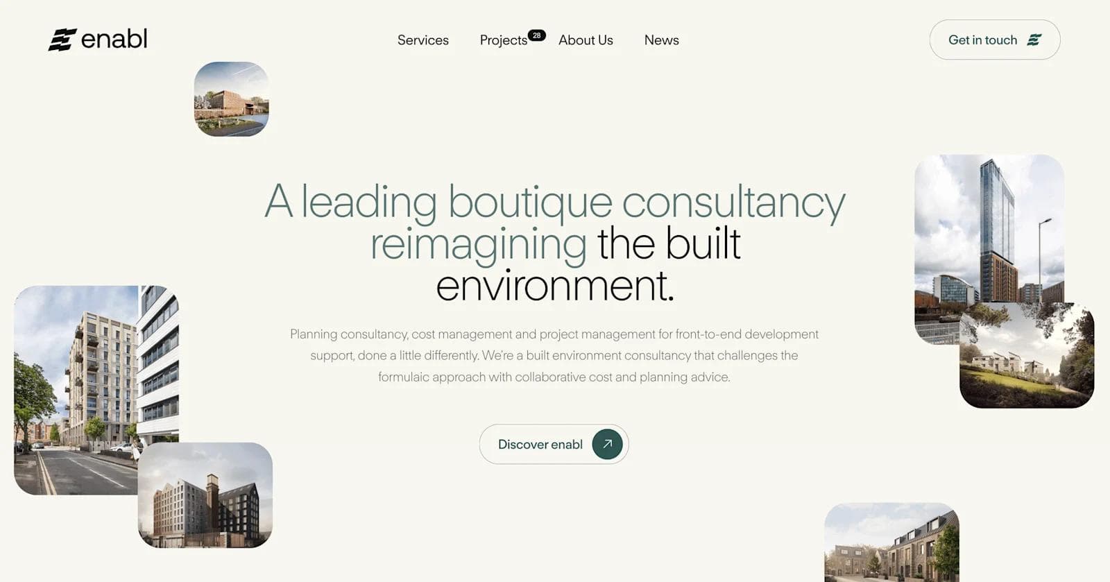 enabl web design Homepage of enabl, a boutique consultancy focused on reimagining the built environment with project management services.