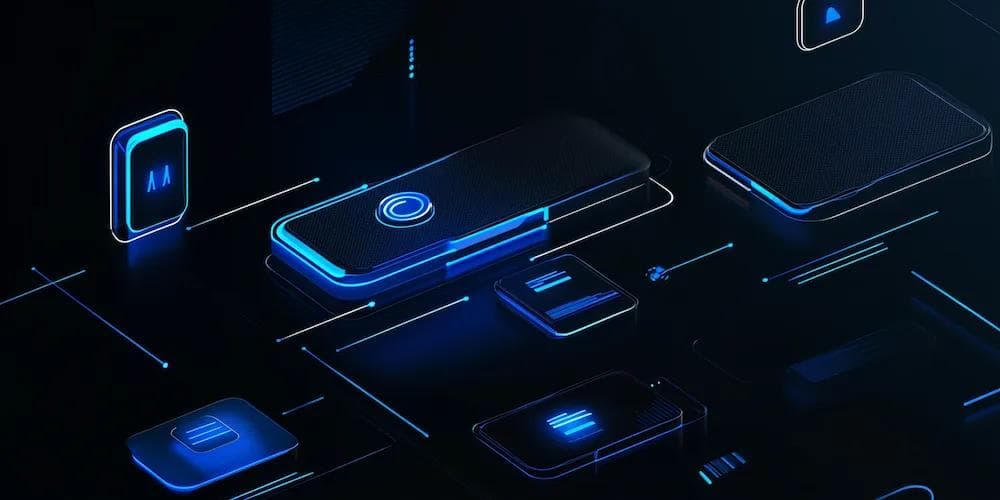 A dark background featuring glowing blue digital interfaces and buttons, creating a futuristic technology design.