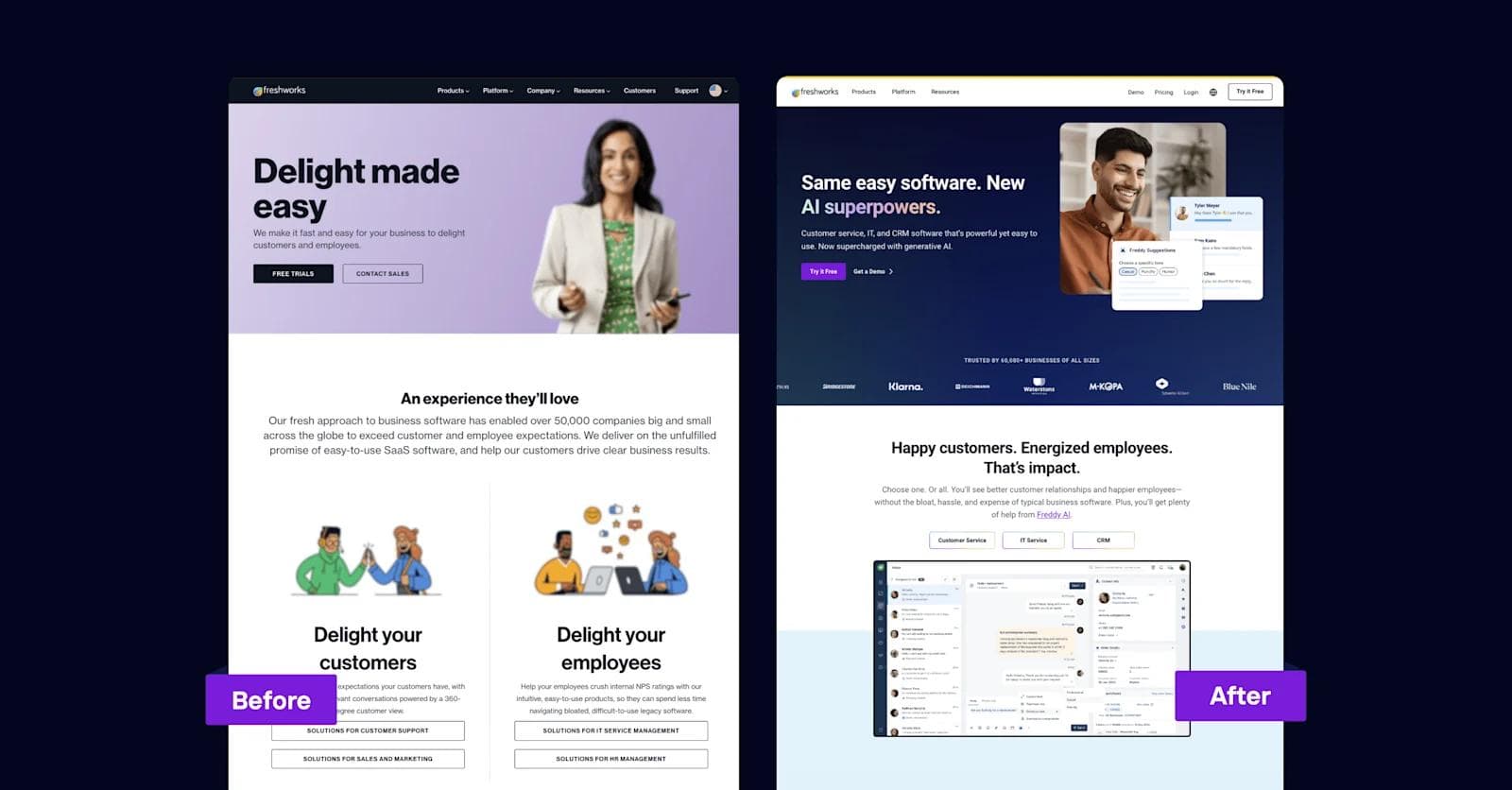 Freshworks-Image Comparison of Freshworks website redesign, showcasing before and after layouts for customer and employee engagement.