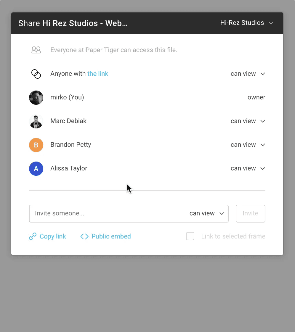 Figma Multiple Viewers A GIF showing how multiple users can receive access to a design file in Figma.