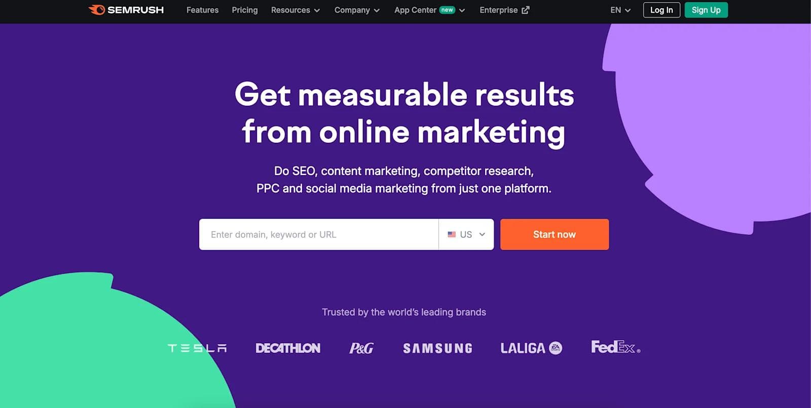 semrush Semrush homepage featuring online marketing tools, SEO, and trusted brands logos on a purple background.