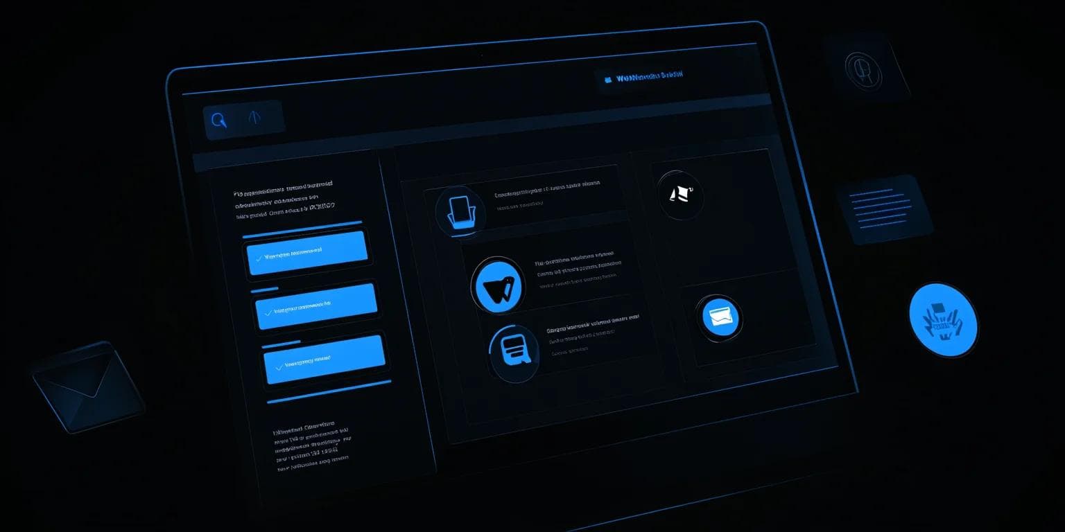 A dark interface featuring a touchscreen display with blue icons and text options for navigation and interaction.
