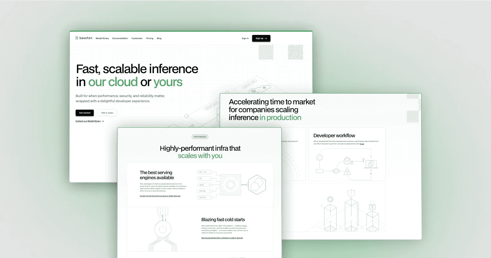 Baseten Webpage featuring scalable inference solutions, highlighting performance, security, and developer experience.