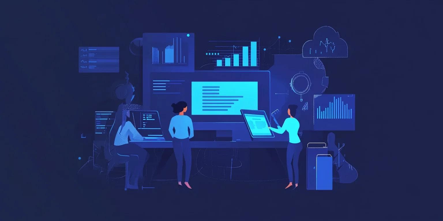 Two women working on digital devices, surrounded by data visualizations and technology graphics, in a dark-themed setting.