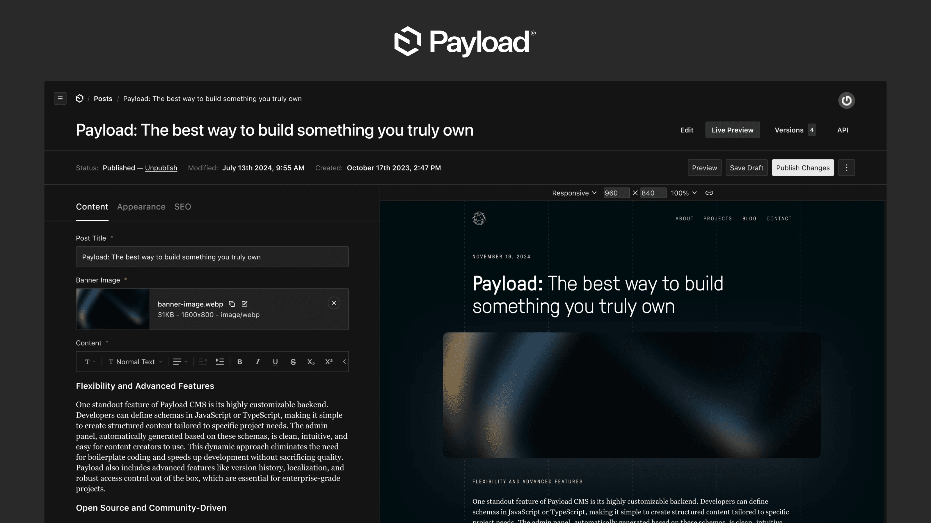 Payload CMS product UI header image