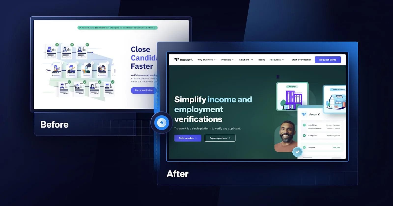 truework-homepage A before and after of the Truework homepage.