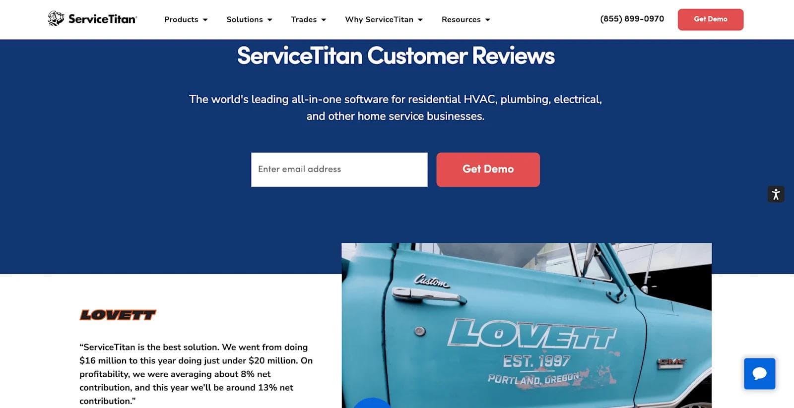 servicetitan testimonials Screenshot of ServiceTitan's customer reviews page, featuring a vintage blue truck with "Lovett" branding.