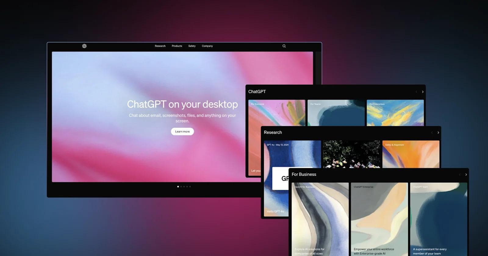 Openai-website ChatGPT desktop interface showcasing various features and options for research and business applications.