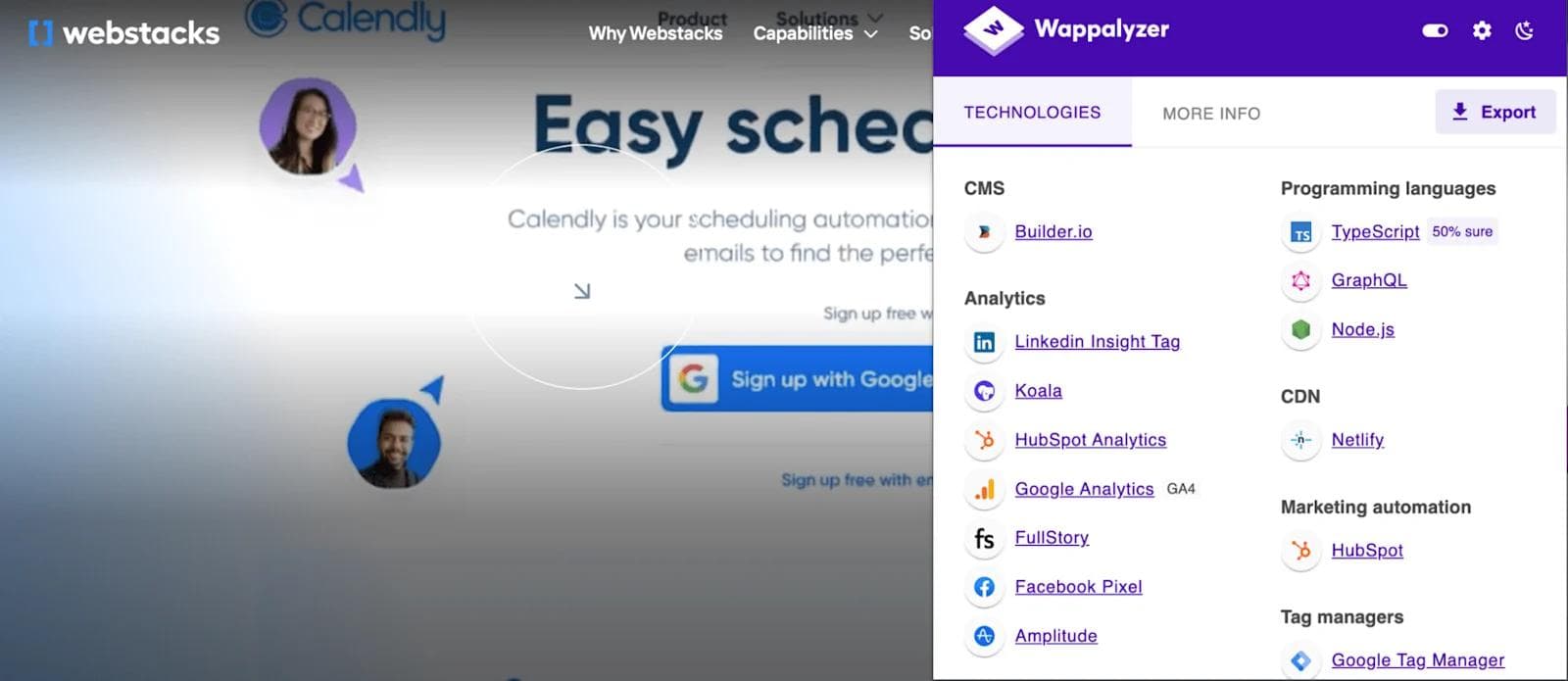 wappalyzer-webstacks Webstacks interface showcasing Calendly's scheduling features and Wappalyzer's technology analysis tools.
