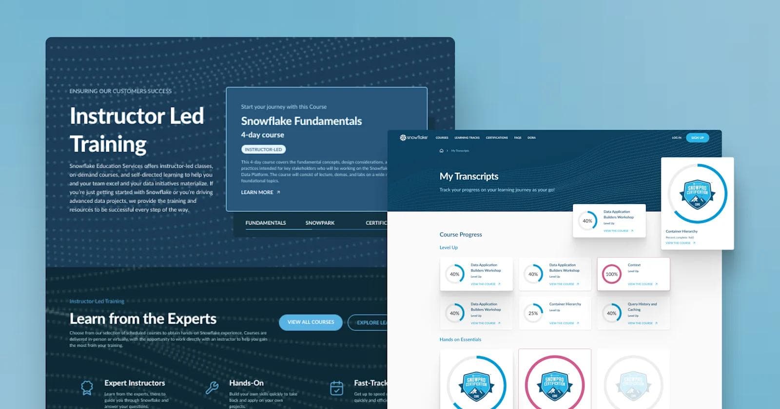 Snowflake microsite example Website layout showcasing Snowflake's instructor-led training courses and user transcripts.