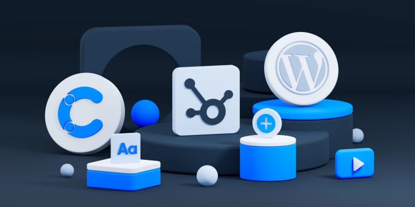 A collection of stylized logos and shapes in blue and white, including WordPress, and design elements on a dark background.