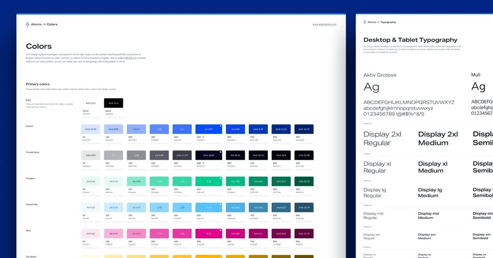 Color palette and typography styles for a design system, showcasing primary colors and font examples.