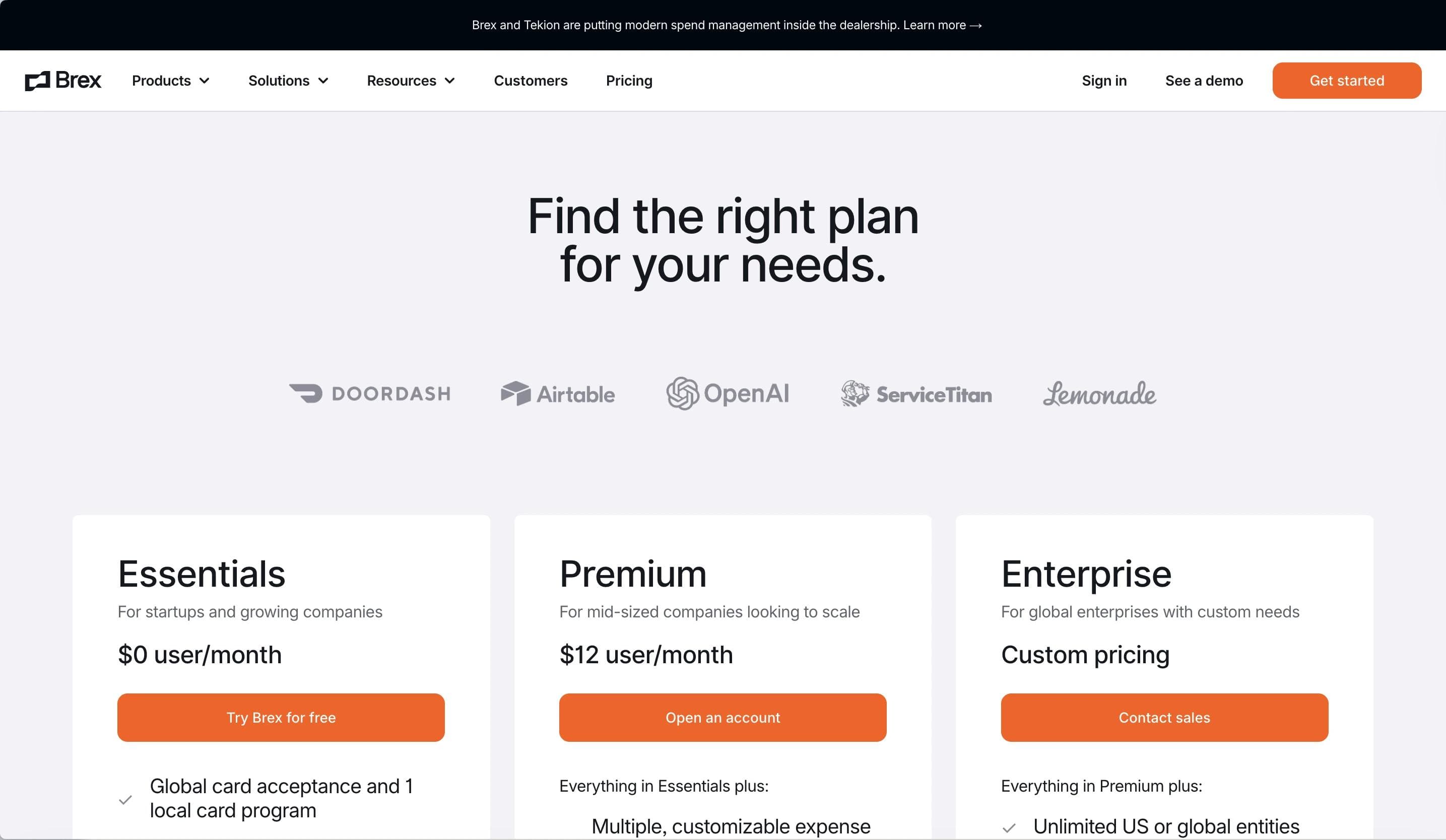 Brex pricing page