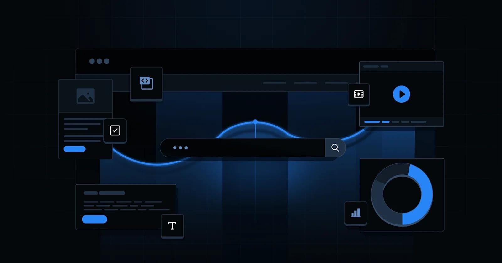 Abstract dark-themed interface with search bar and various multimedia and data visualizations.