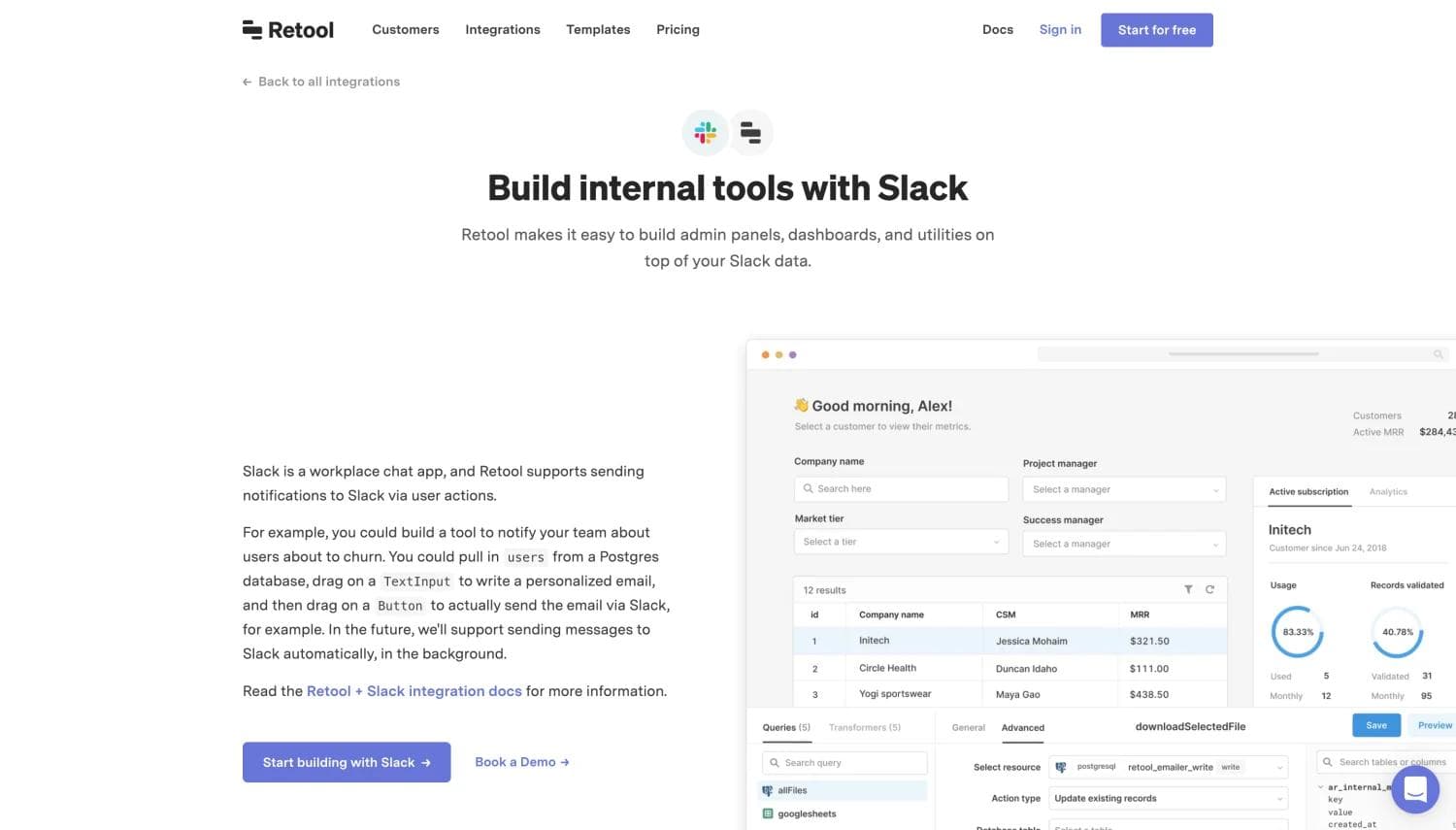 Retool Slack integration A screenshot of Retool's Slack integration landing page.