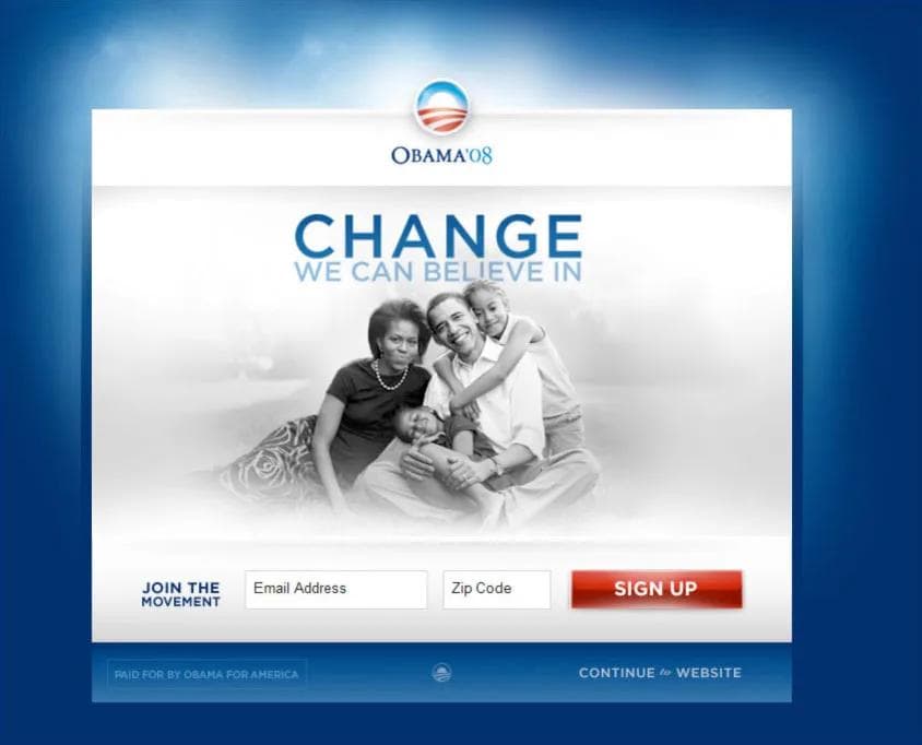 Winning Variation Obama '08 campaign sign-up page featuring a family portrait with the slogan "Change We Can Believe In."