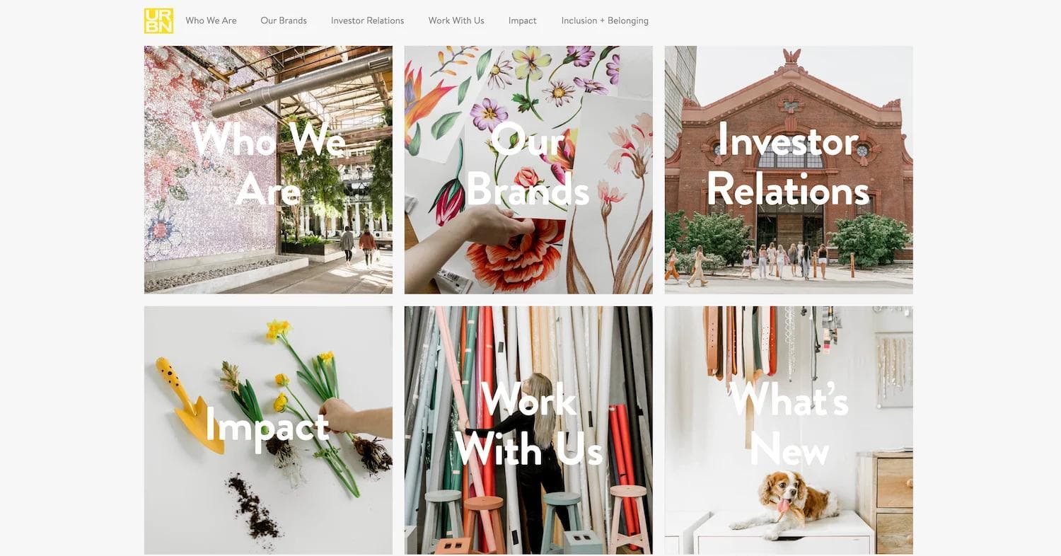 urbn homepage Homepage layout featuring sections like "Who We Are," "Our Brands," and "Impact," with vibrant images and graphics.