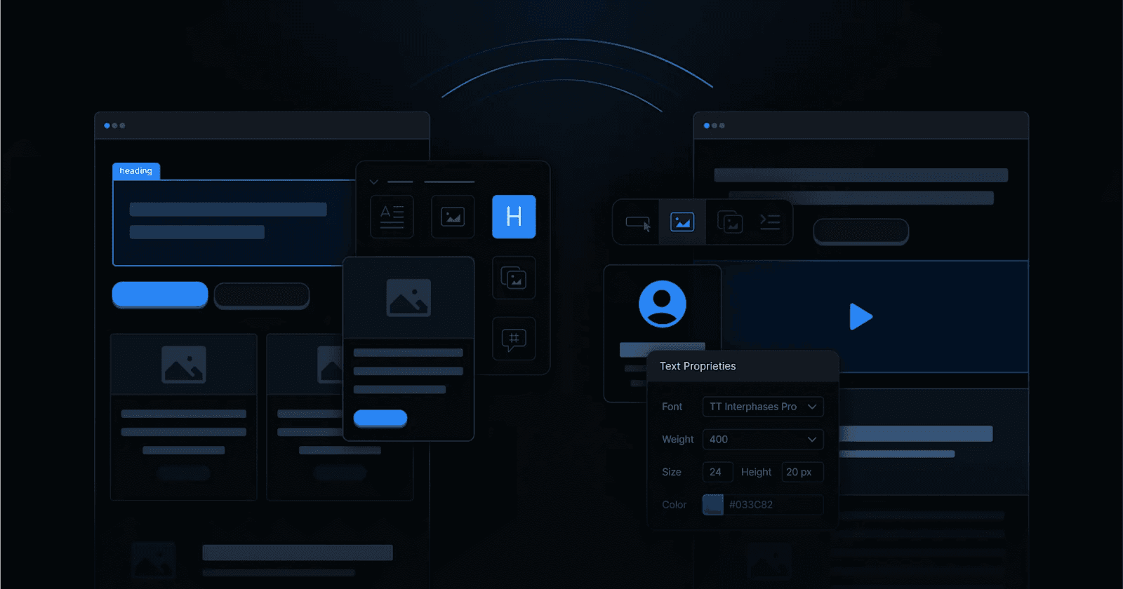 UI elements and text properties displayed on a dark background, showcasing a modern design layout.