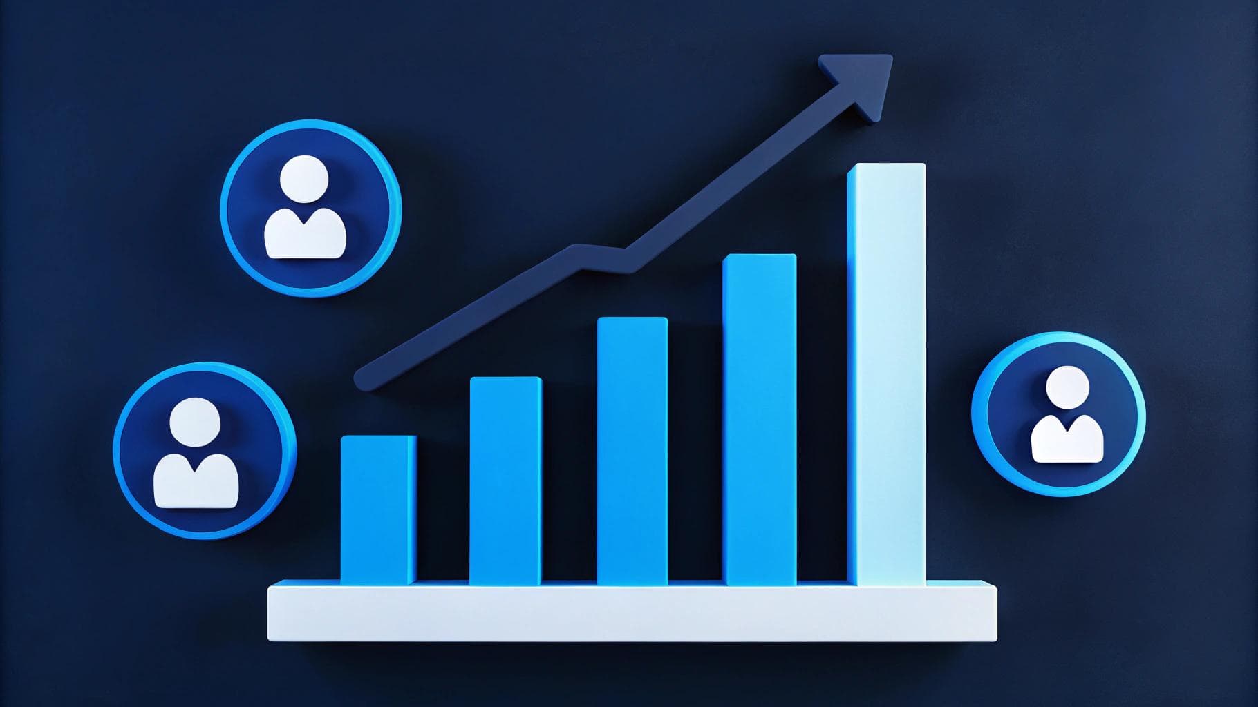 3D illustration of a bar chart with an upward trend line and user icons, symbolizing audience or customer growth