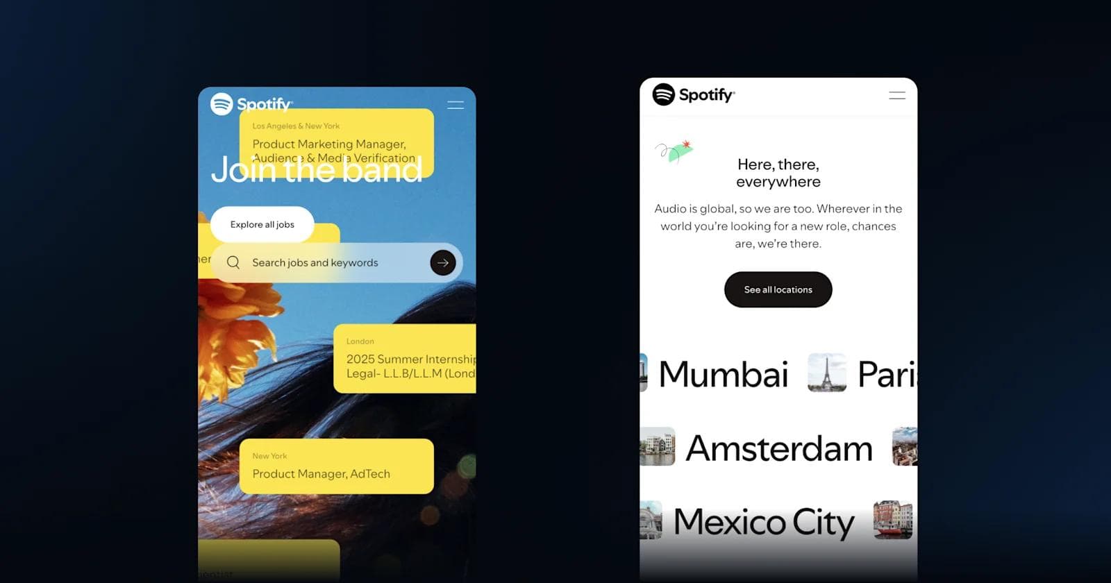 spotify lp Spotify job listings featuring roles in various cities and a call to explore global opportunities.