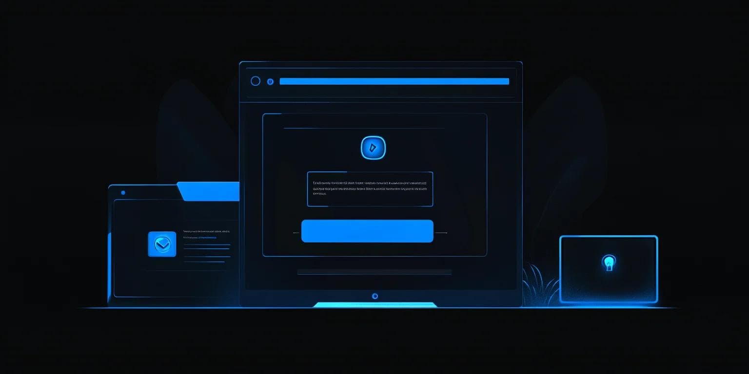 A digital display featuring illuminated blue web pages and UI elements against a dark background.