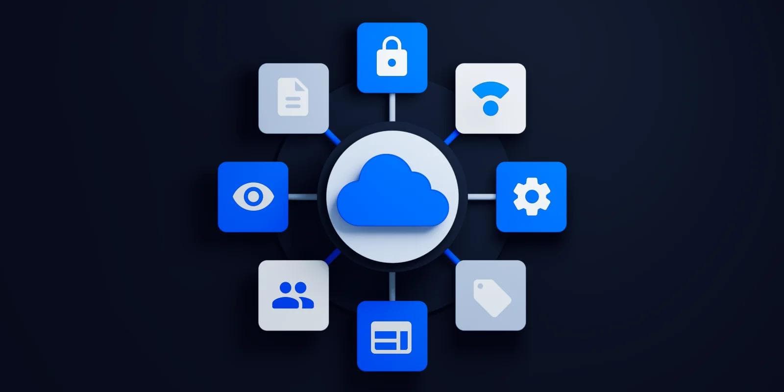 Cloud icon surrounded by various icons representing security, settings, documents, and connectivity.