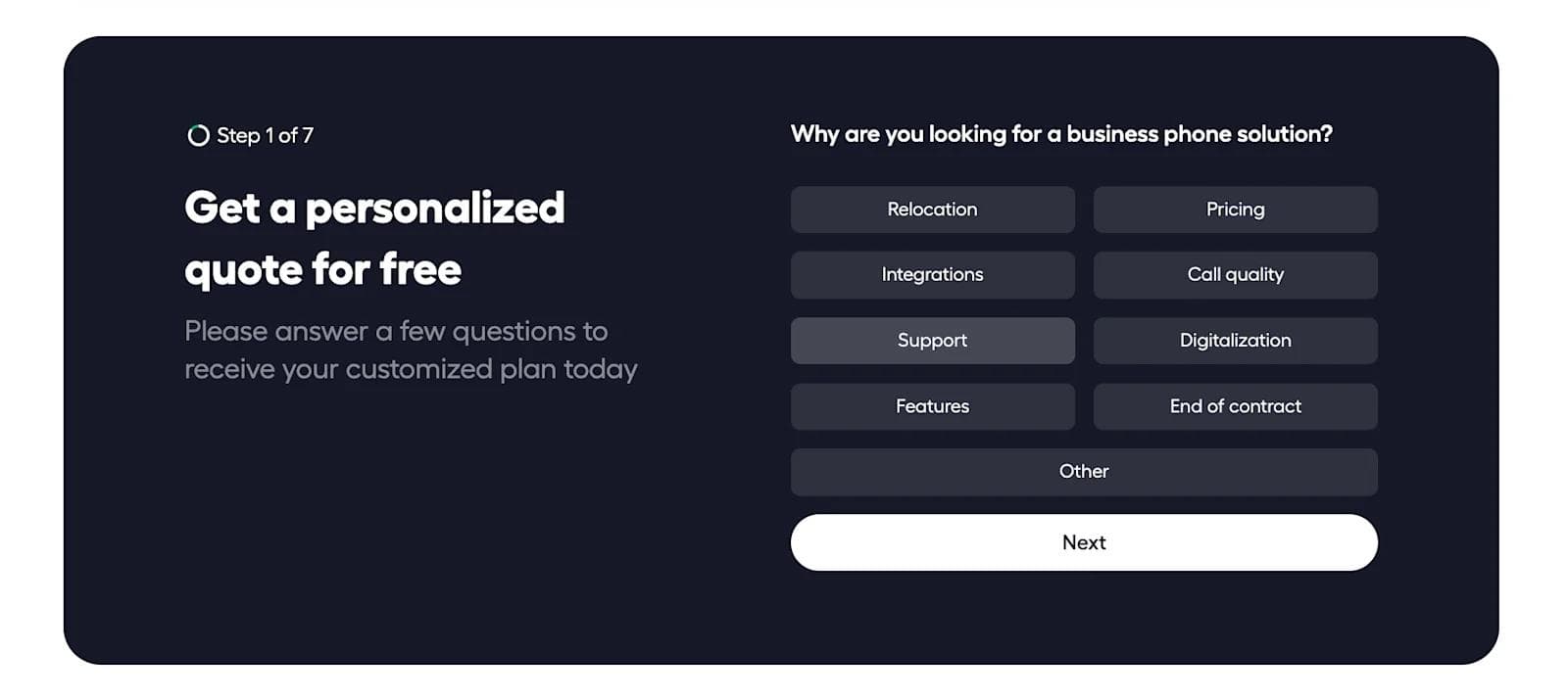 airacall-interactive-pricing Form to request a free personalized quote for a business phone solution, featuring various reasons for inquiry.
