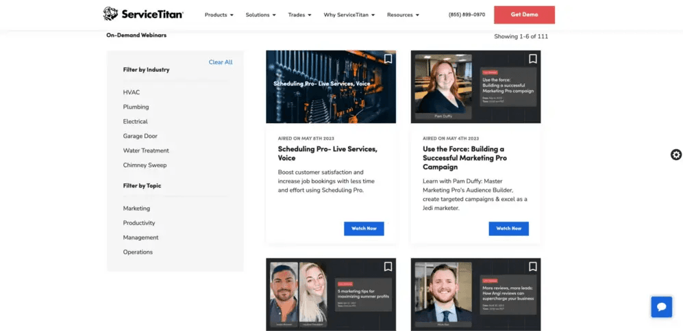 ServiceTitan webinar page displaying filters by industry and topic with featured on-demand webinars and user profiles.