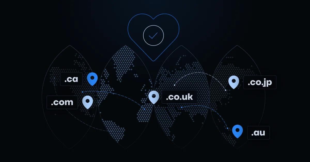 Abstract digital map with location pins and domain extensions: .ca, .com, .co.uk, .co.jp, .au on a dark background.