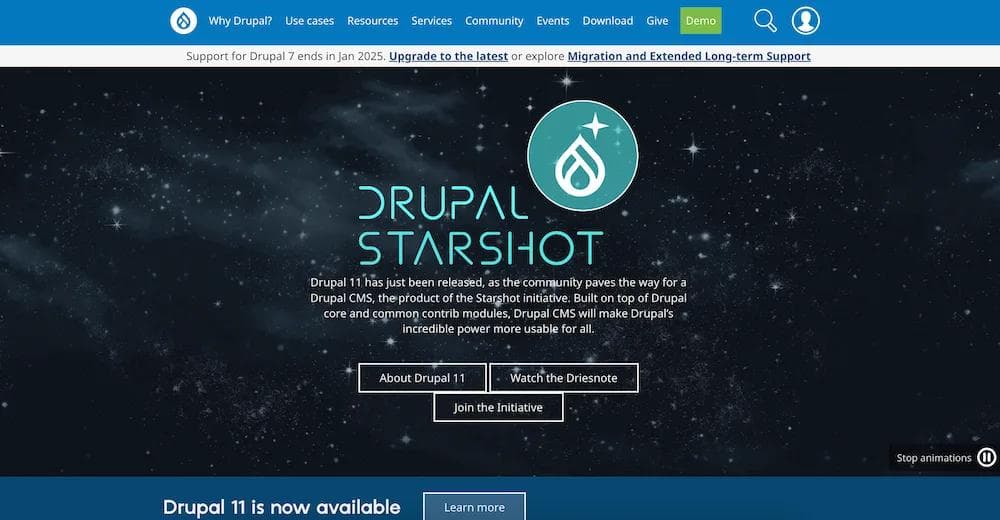 drupal Homepage of Drupal 11 featuring the Starshot initiative with a dark, starry background and navigation options.