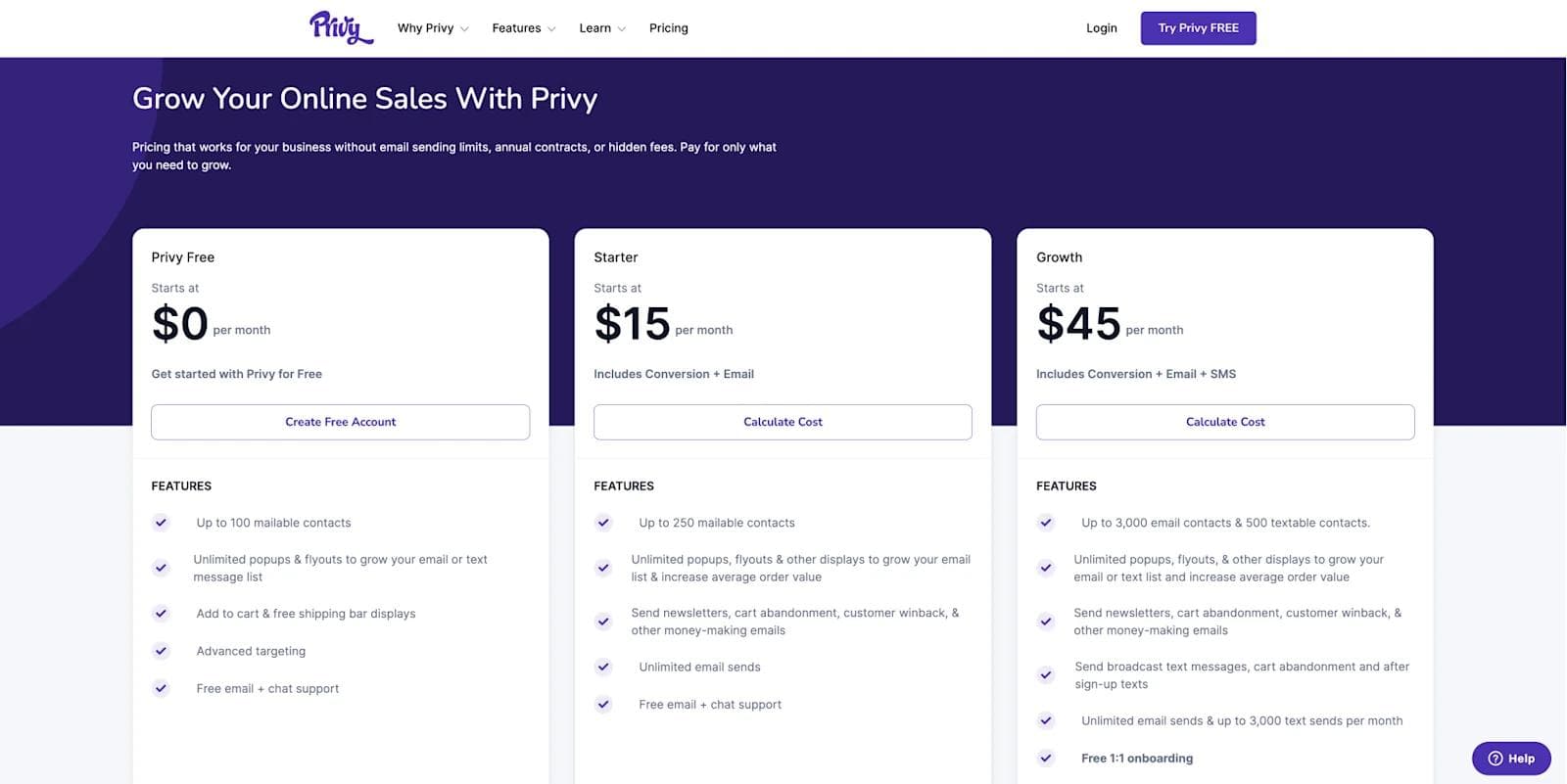 Privy Pricing Page A screenshot of Privy's pricing table.