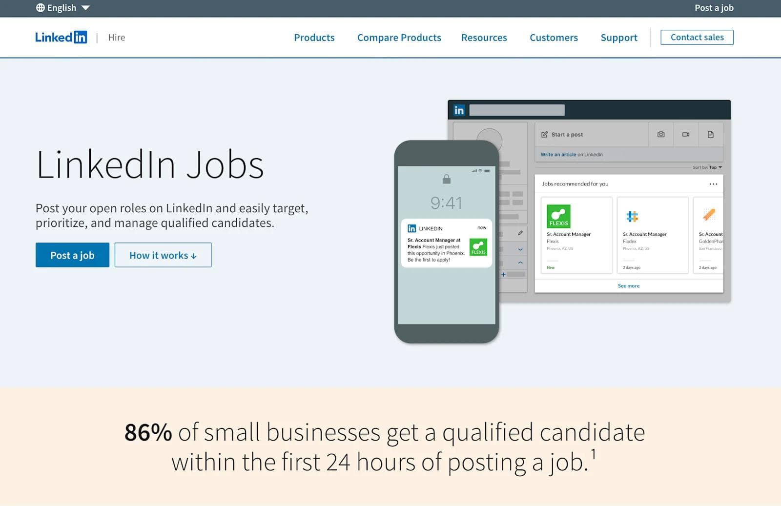 Linkedin Landing Page LinkedIn Jobs page promoting job posting and candidate management with statistics on hiring success for small businesses.