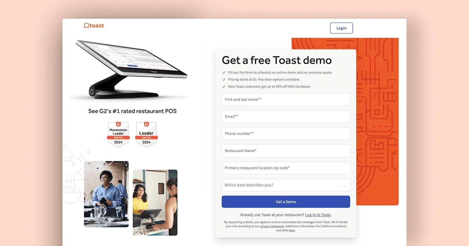 Toast - Demo page Toast POS promotional webpage featuring a demo sign-up form and details about ratings and offers.