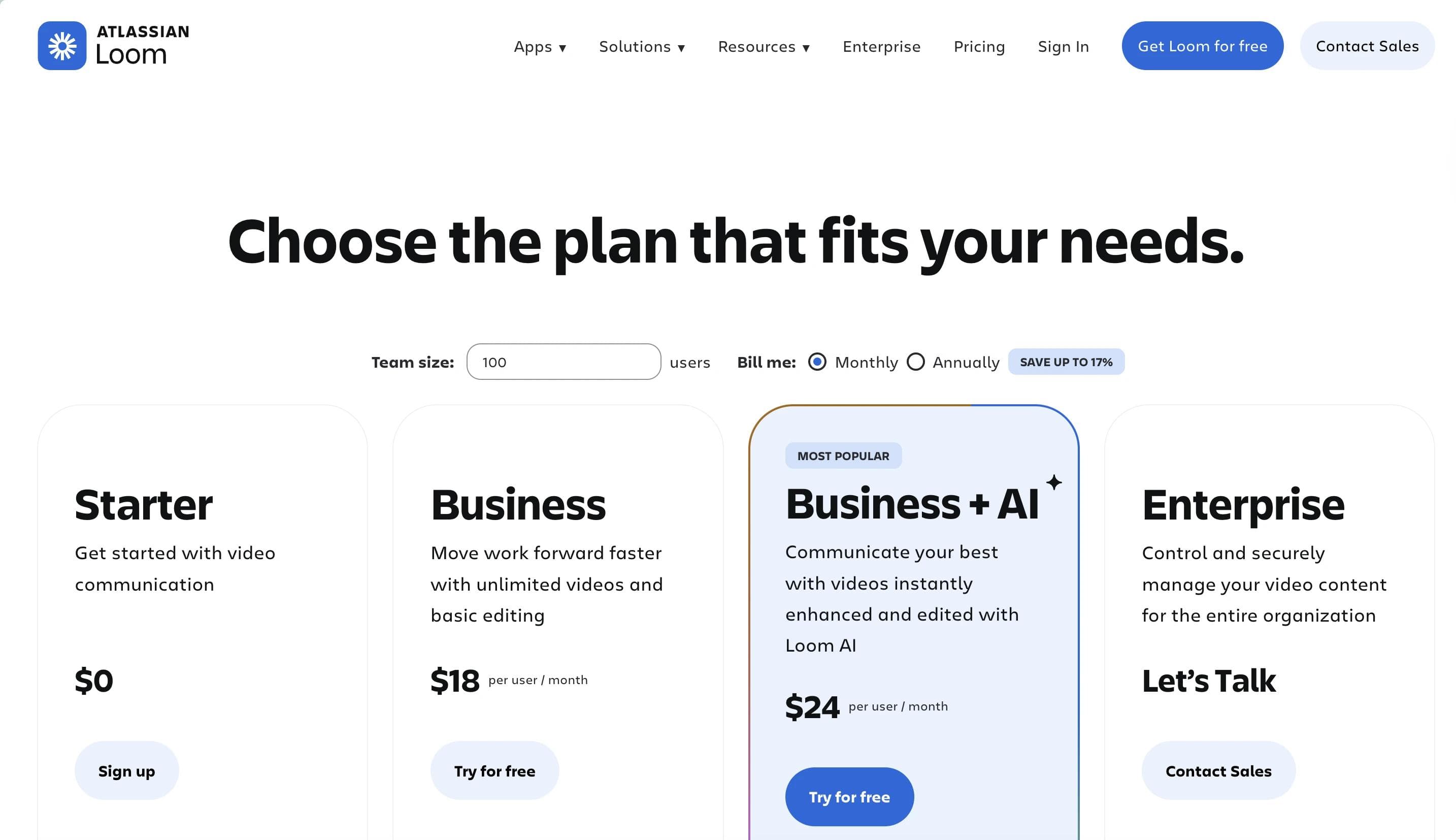 Loom pricing page