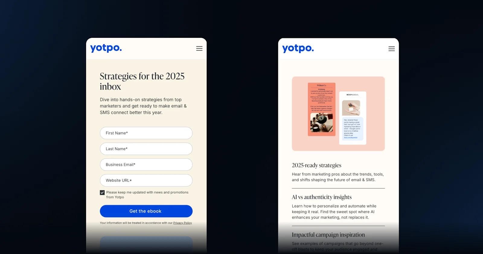 yotpo lp A split-screen display of a webpage offering email and SMS marketing strategies for 2025.
