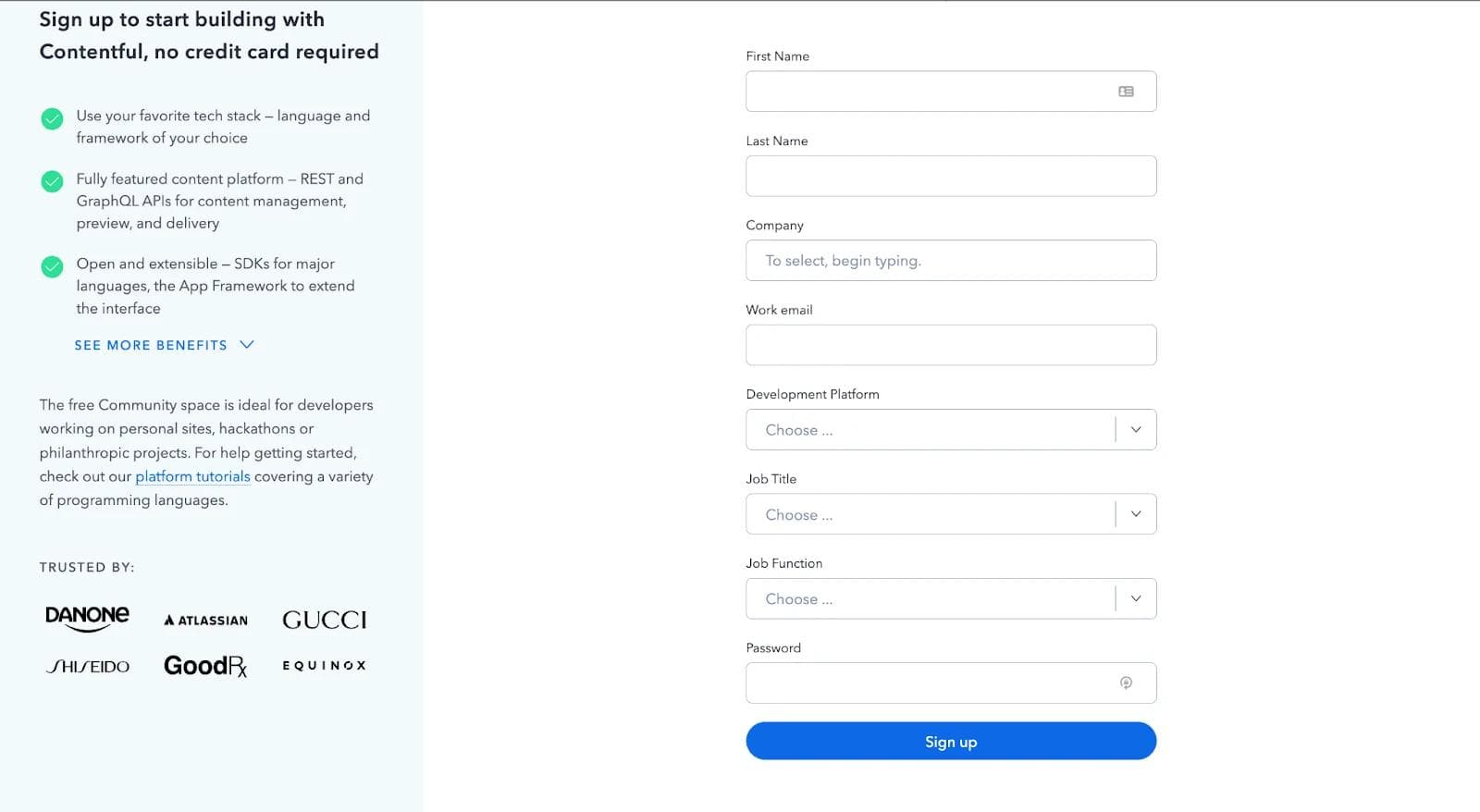 contentful-company-field Sign-up form for Contentful, featuring fields for personal and company information, with trust logos at the bottom.
