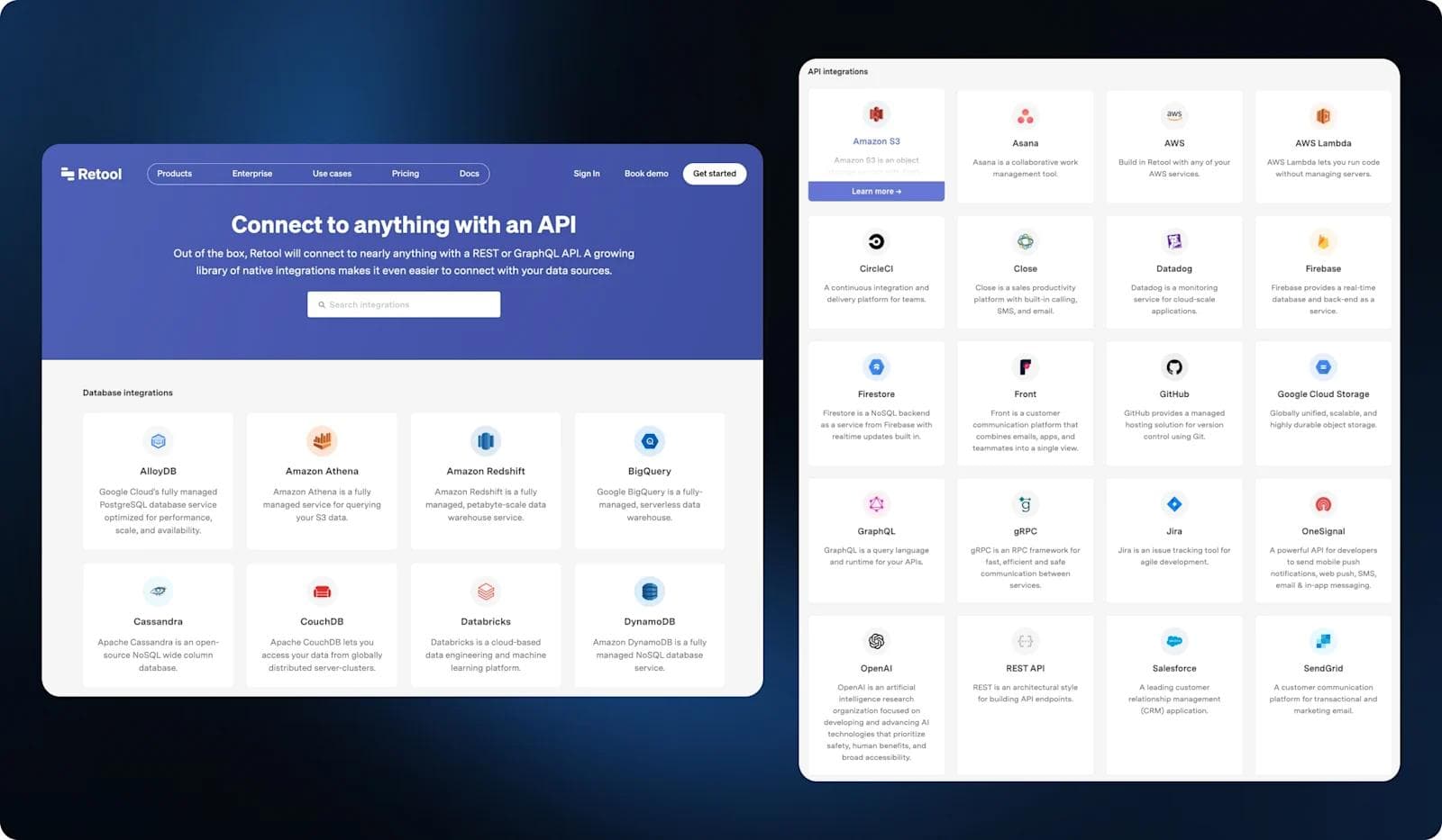 retool integrations Retool website showcasing API and database integrations for various services and tools.