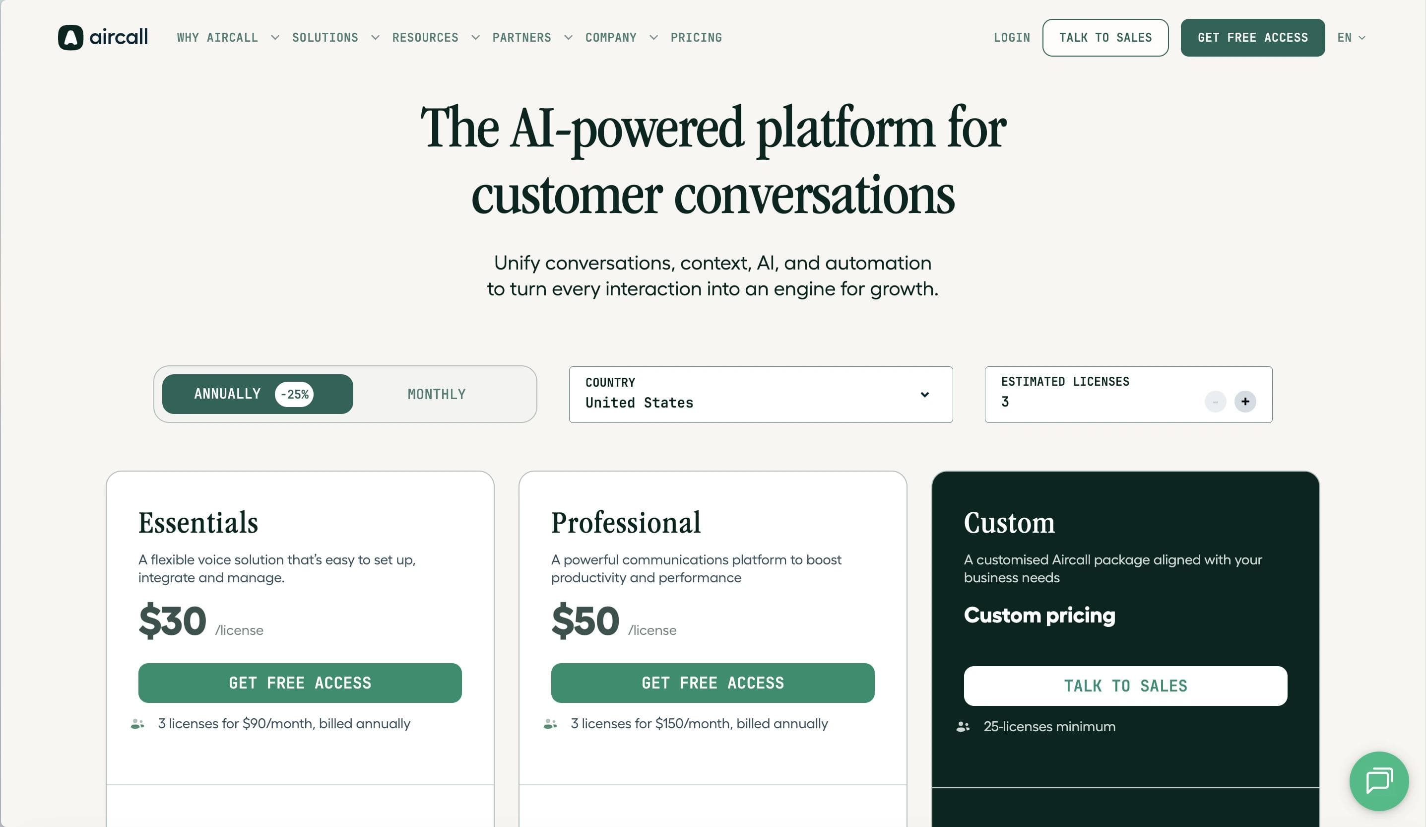 Aircall pricing page